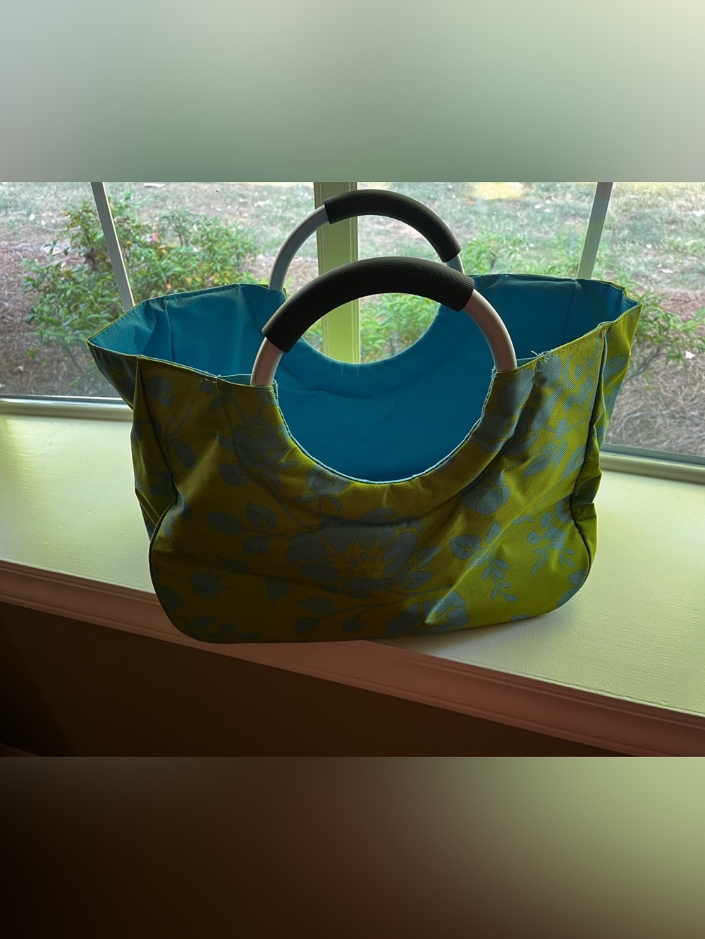 Blue Floral Tote Bag with Ring Handles
